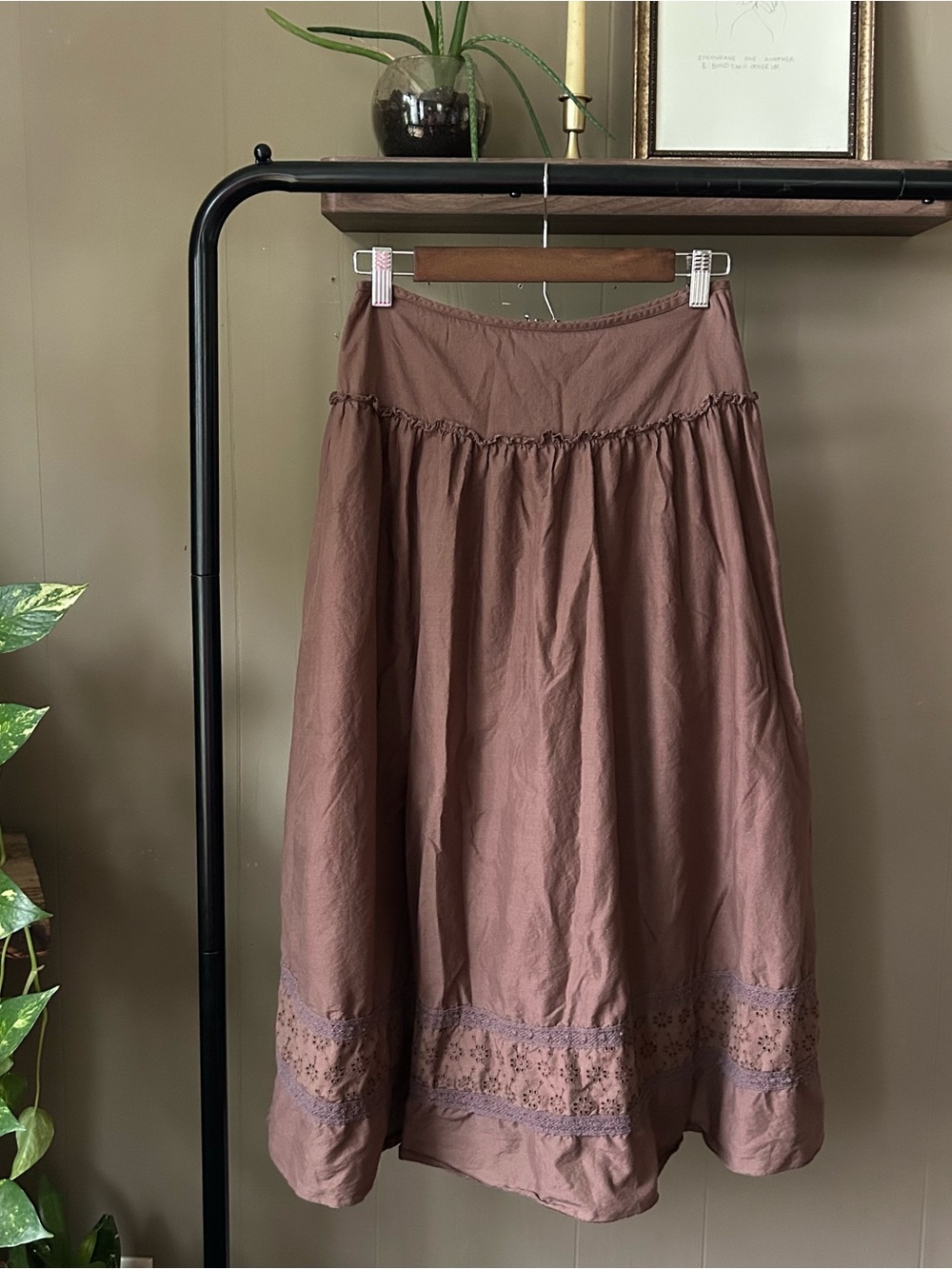 100% cotton chocolate Brown Skirt with Lace Trim